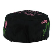 Rear of the black New Kids on the Block cap with green autograph graphics and pink motifs