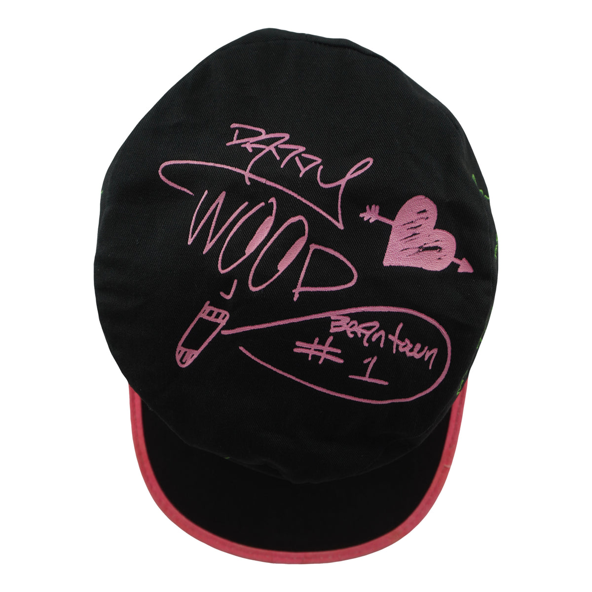 Top view of the New Kids on the Block cap with large pink autograph graphics
