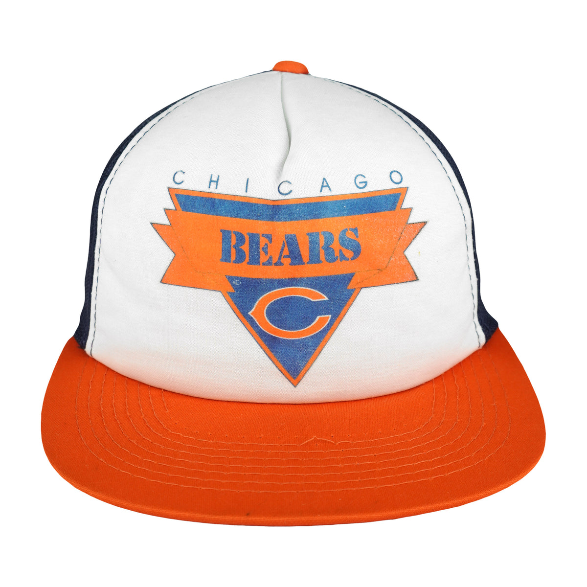 White navy and orange 1990s NFL Sports Specialties Chicago Bears trucker cap shown from the front