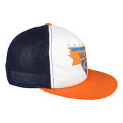 Angled view of Bears cap showing the white front navy mesh and orange brim