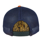 Rear view of navy mesh Bears trucker cap with adjustable black snap closure