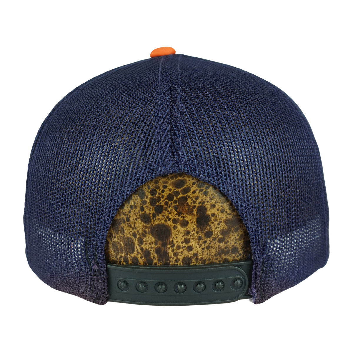 Rear view of navy mesh Bears trucker cap with adjustable black snap closure