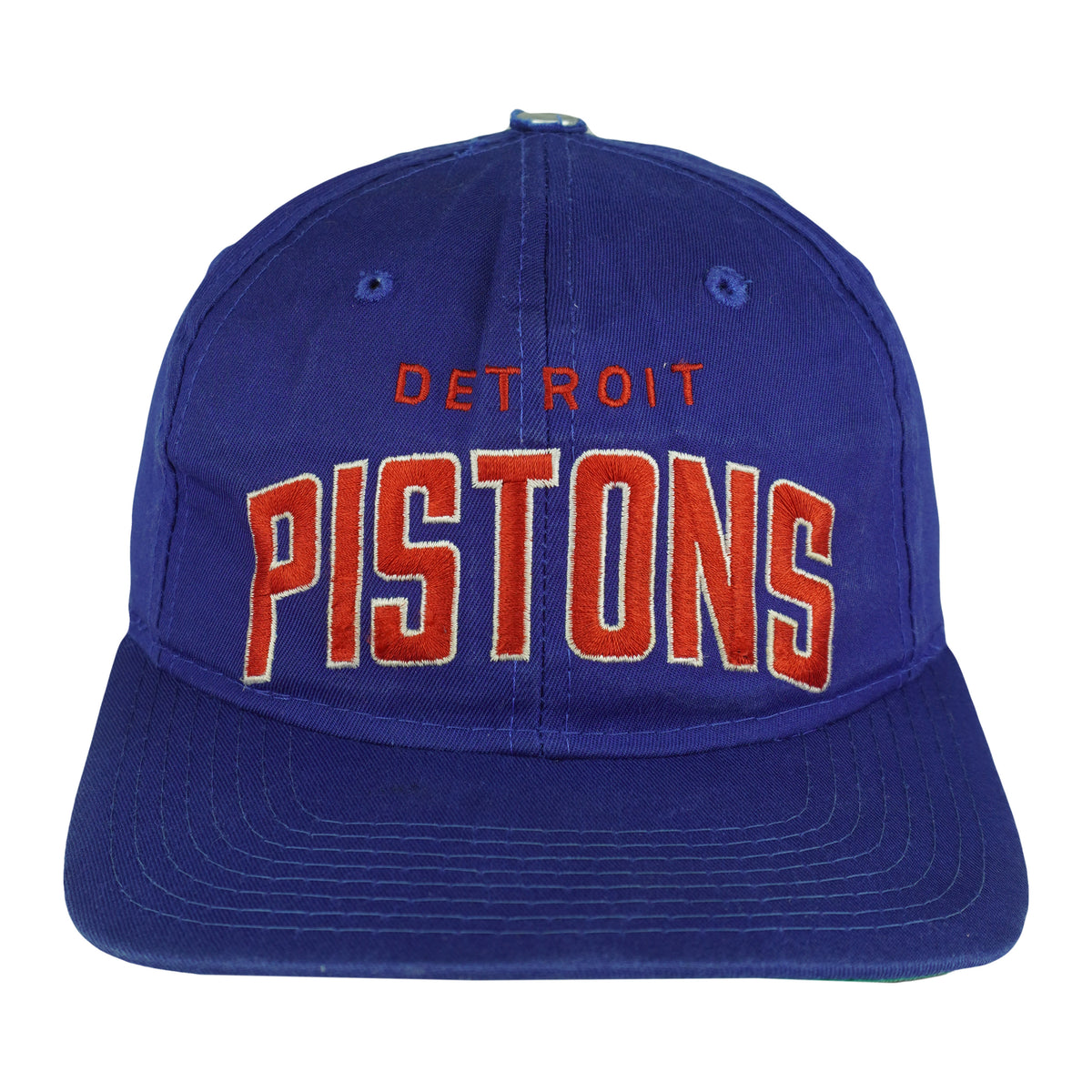 Royal blue and green 1990s NBA Starter Detroit Pistons snapback cap shown from the front