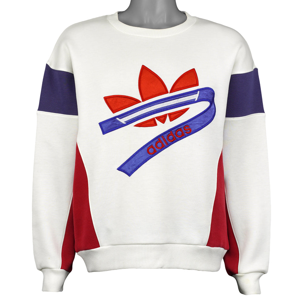 Adidas - White, Purple & Red Crew Neck Sweatshirt 1990s Large Vintage Retro