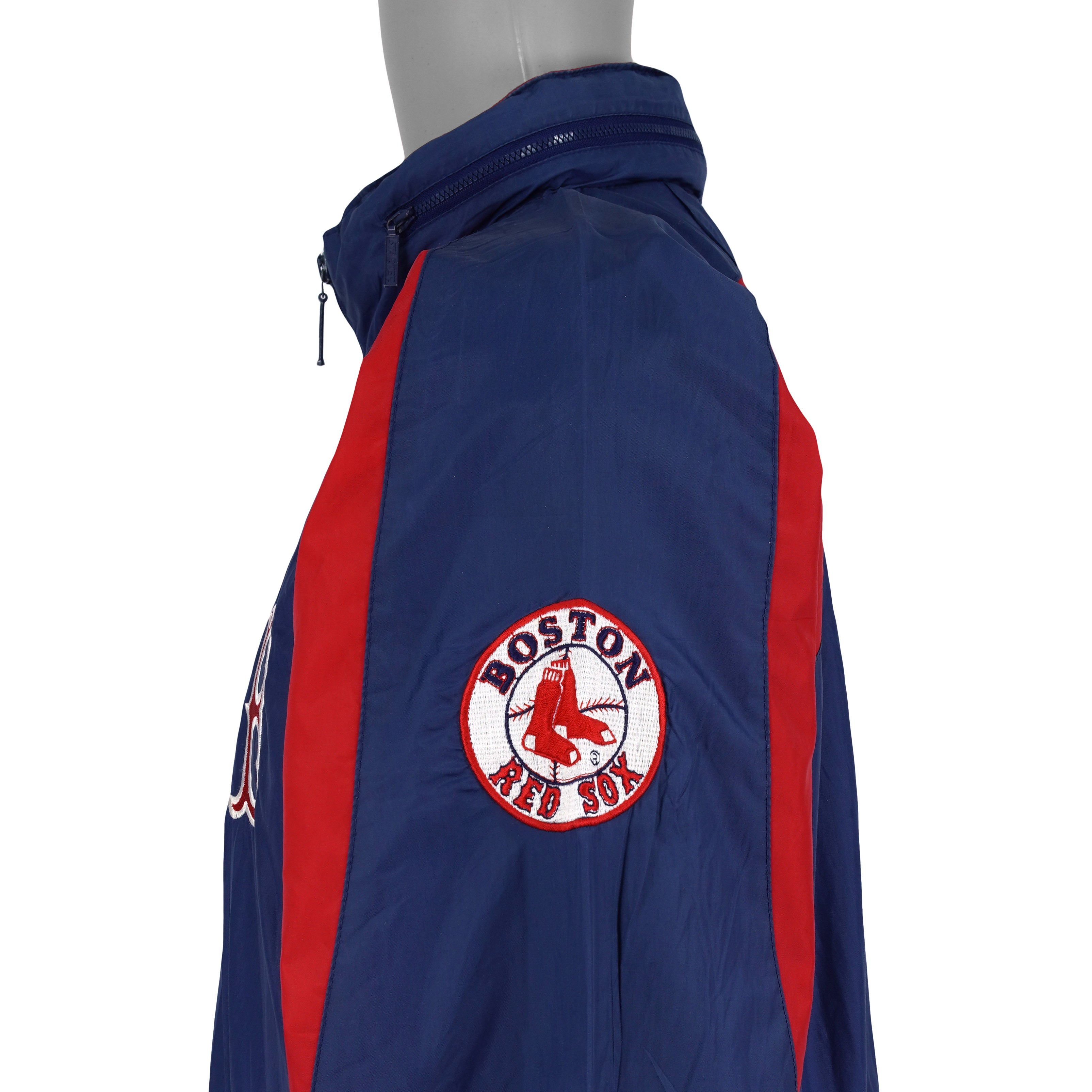 Boston Red Sox embroidered sleeve patch on the blue jacket