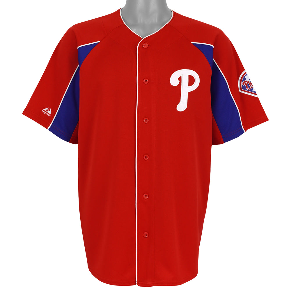 Red Phillies button-up jersey with blue side panels and white piping
