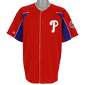 Red Phillies button-up jersey with blue side panels and white piping