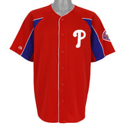Red Phillies button-up jersey with blue side panels and white piping