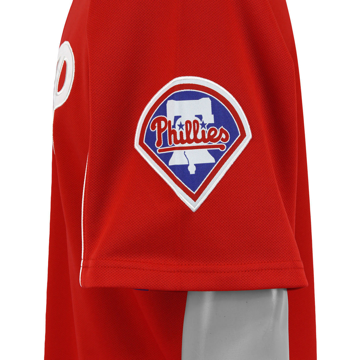 Phillies team patch on the red sleeve
