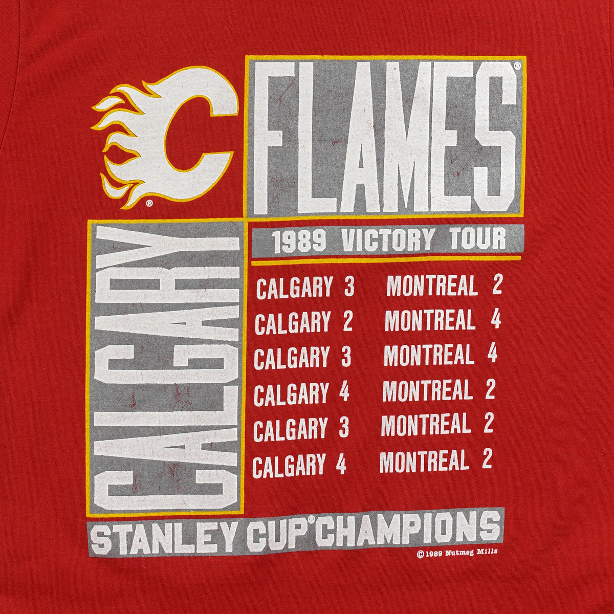 Calgary Flames 1989 Stanley Cup graphic and print wear detail