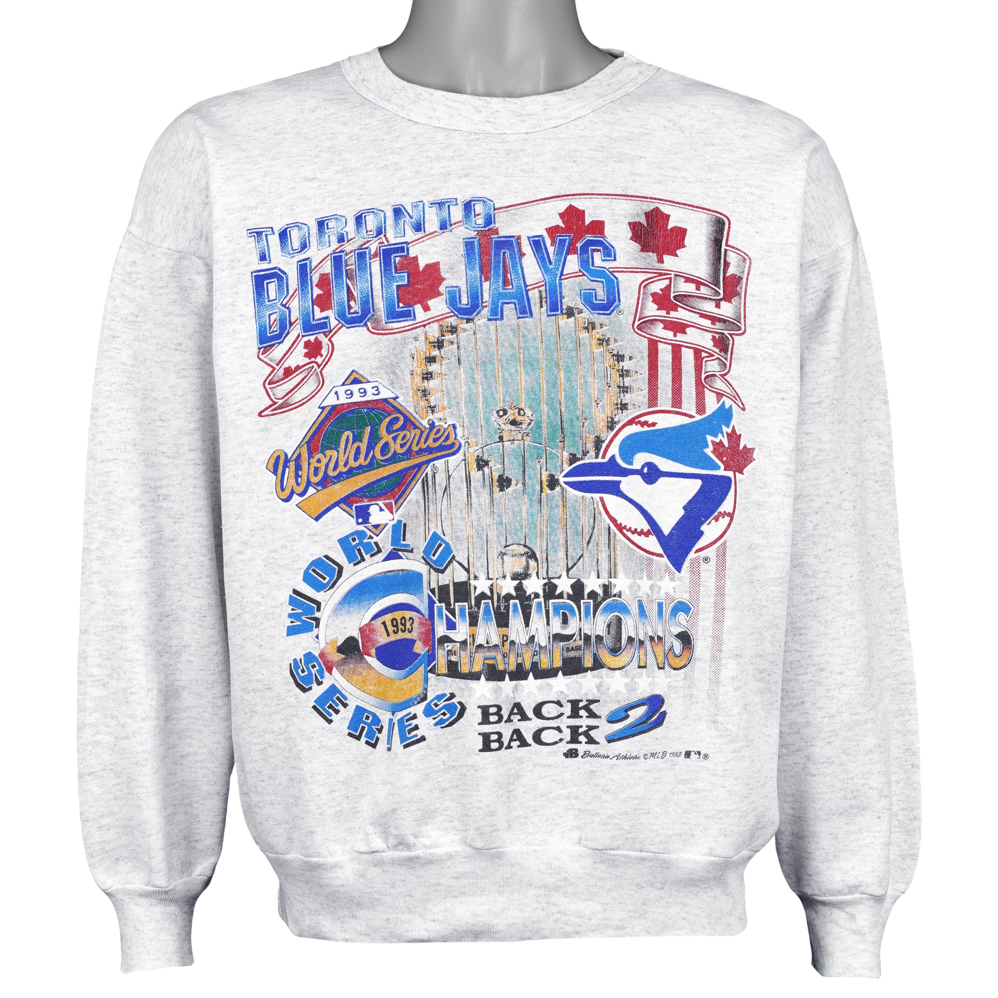Gray Blue Jays sweatshirt front with a 1993 back-to-back World Series trophy graphic