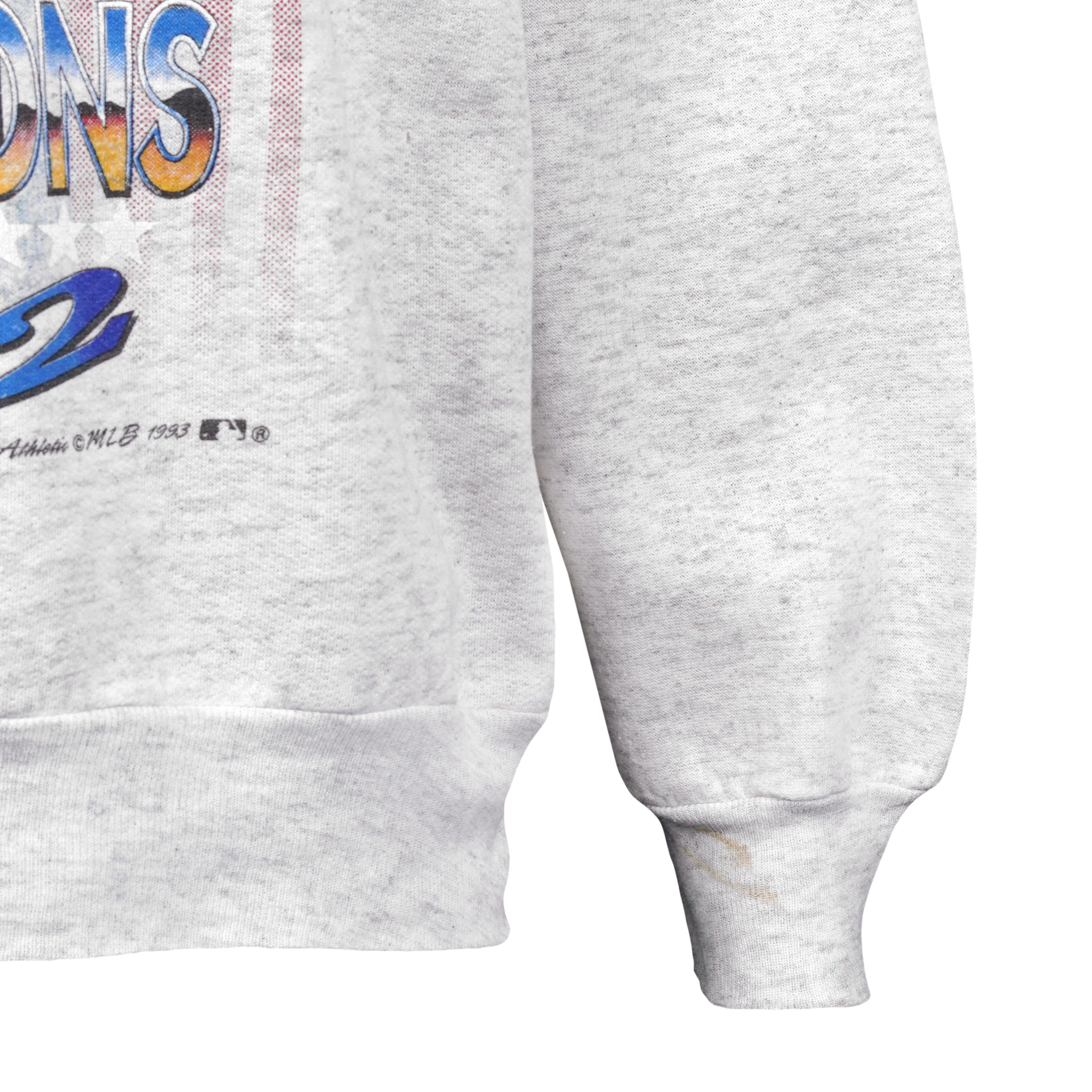 Close view of marks around the cuff on the gray Blue Jays sweatshirt