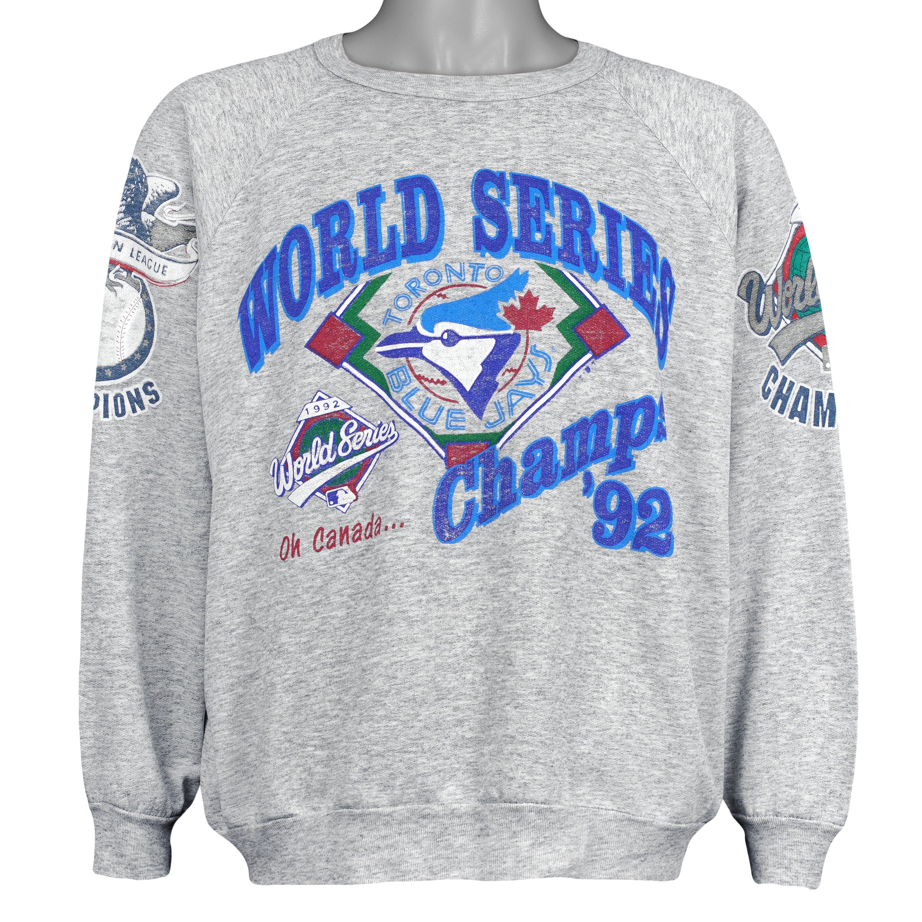 Gray Blue Jays sweatshirt front with a 1992 World Series Champions graphic