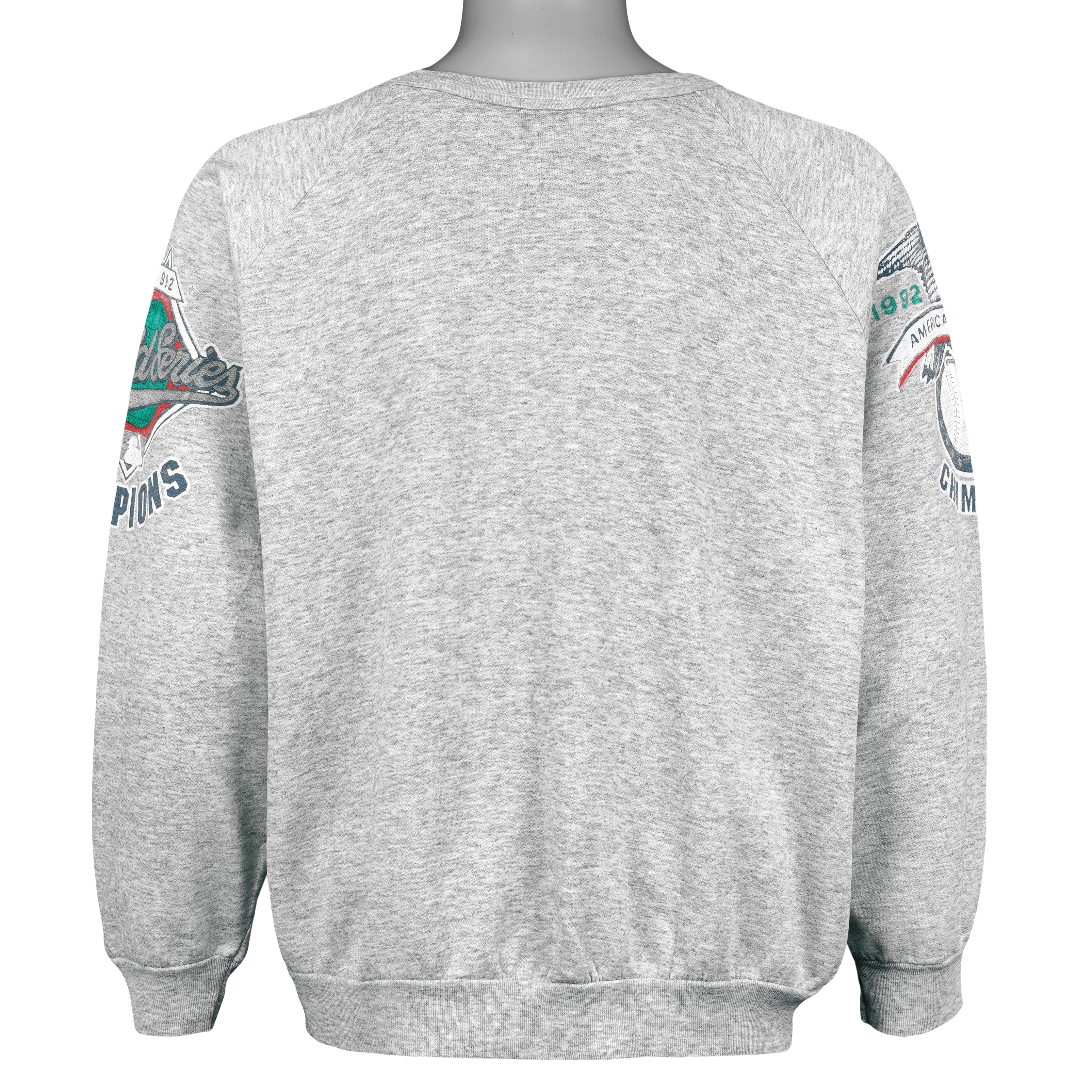 Plain gray back of the Blue Jays sweatshirt with printed sleeves