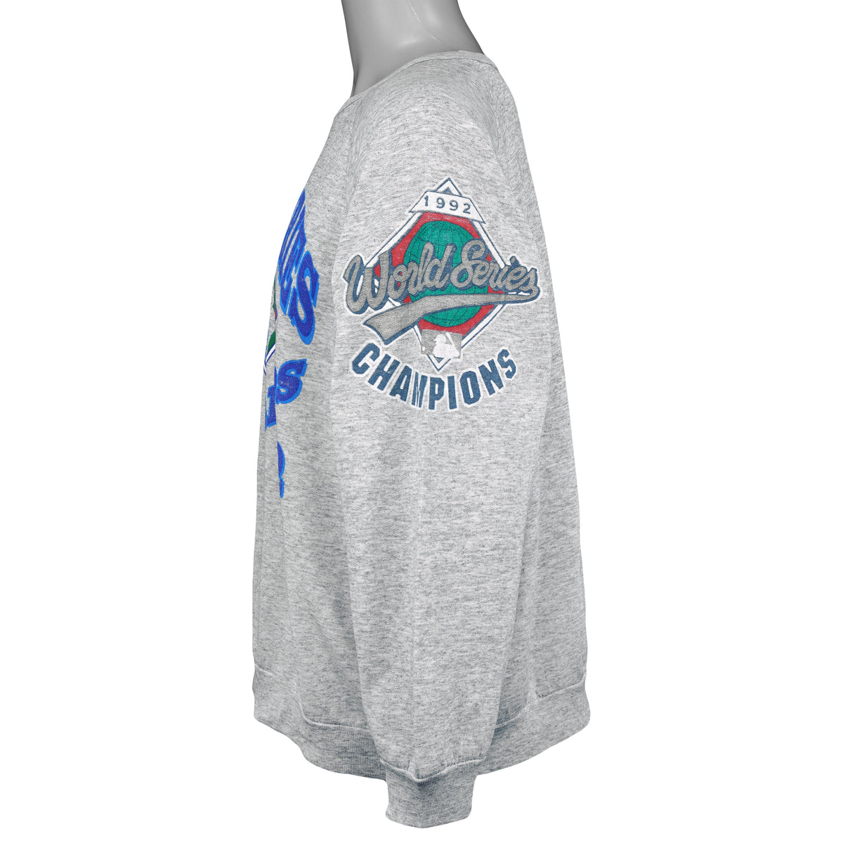 Side view of the gray sweatshirt with a 1992 World Series Champions sleeve graphic