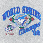 Close view of the faded Blue Jays World Series Champs 92 front graphic