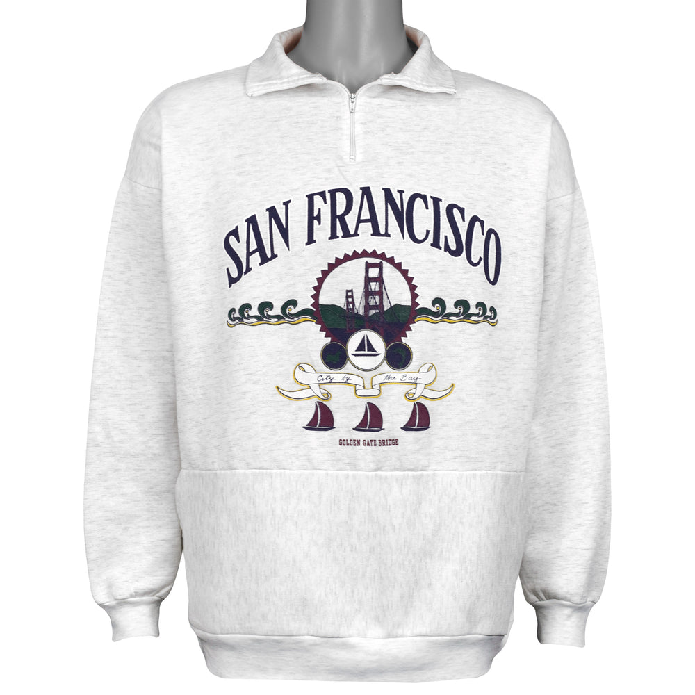 San Francisco “City by the Bay” Golden Gate Bridge graphic quarter-zip sweatshirt with a kangaroo pocket front view