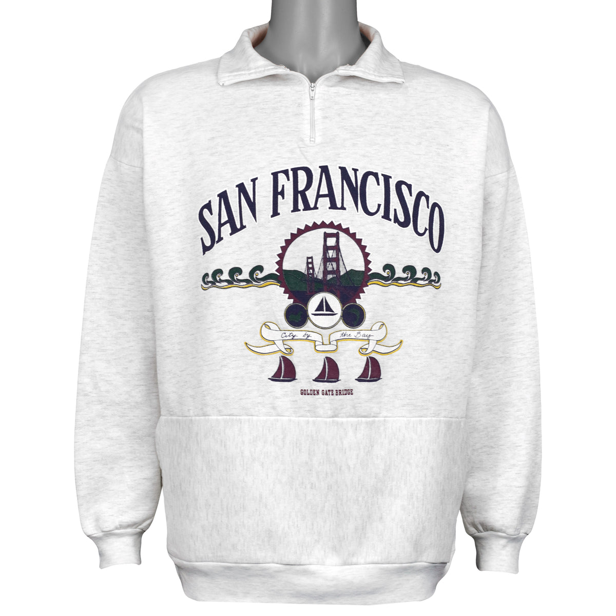 San Francisco “City by the Bay” Golden Gate Bridge graphic quarter-zip sweatshirt with a kangaroo pocket front view