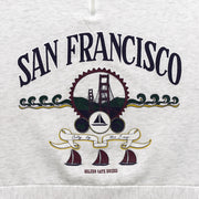 Close-up of the San Francisco Golden Gate Bridge and sailboat front graphic