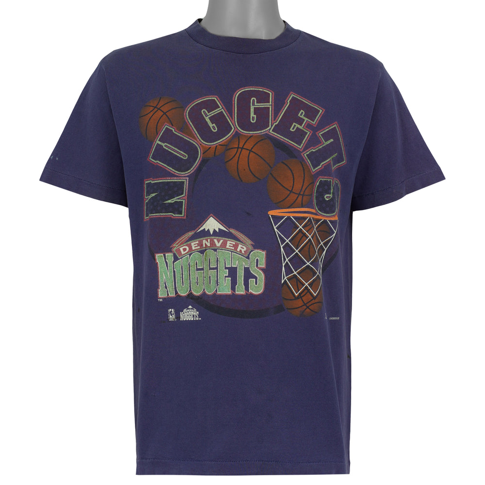 Denver Nuggets basketball and hoop graphic on a faded purple T-shirt front view