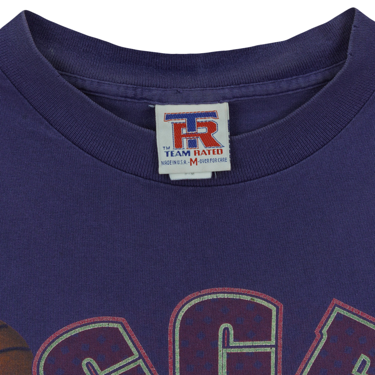 Close-up of the Team Rated medium Made in USA neck label