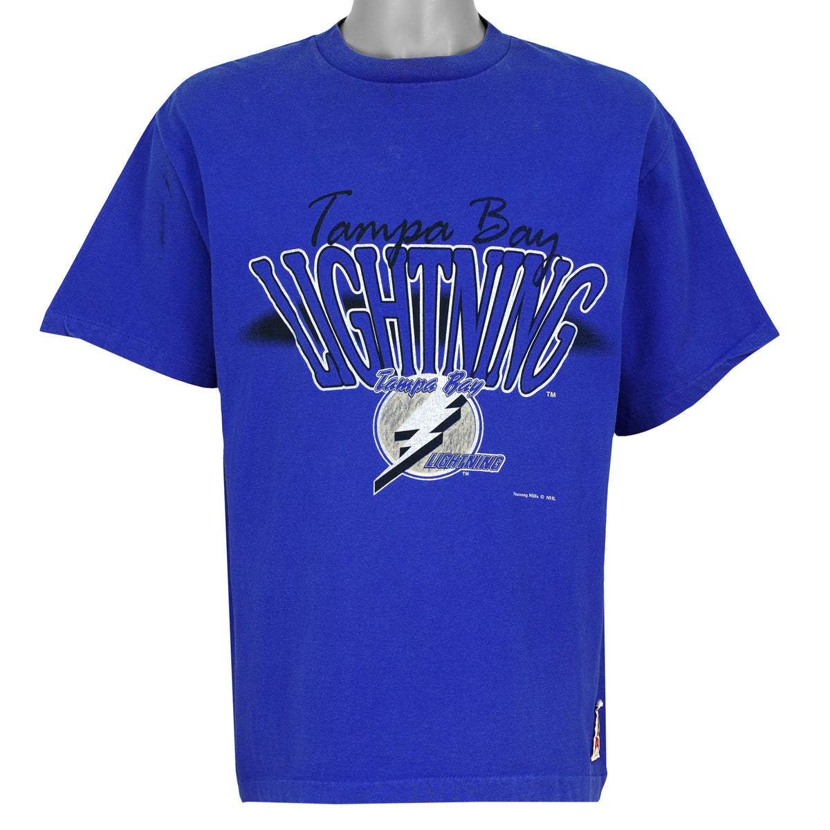 Tampa Bay Lightning logo graphic on a blue T-shirt front view