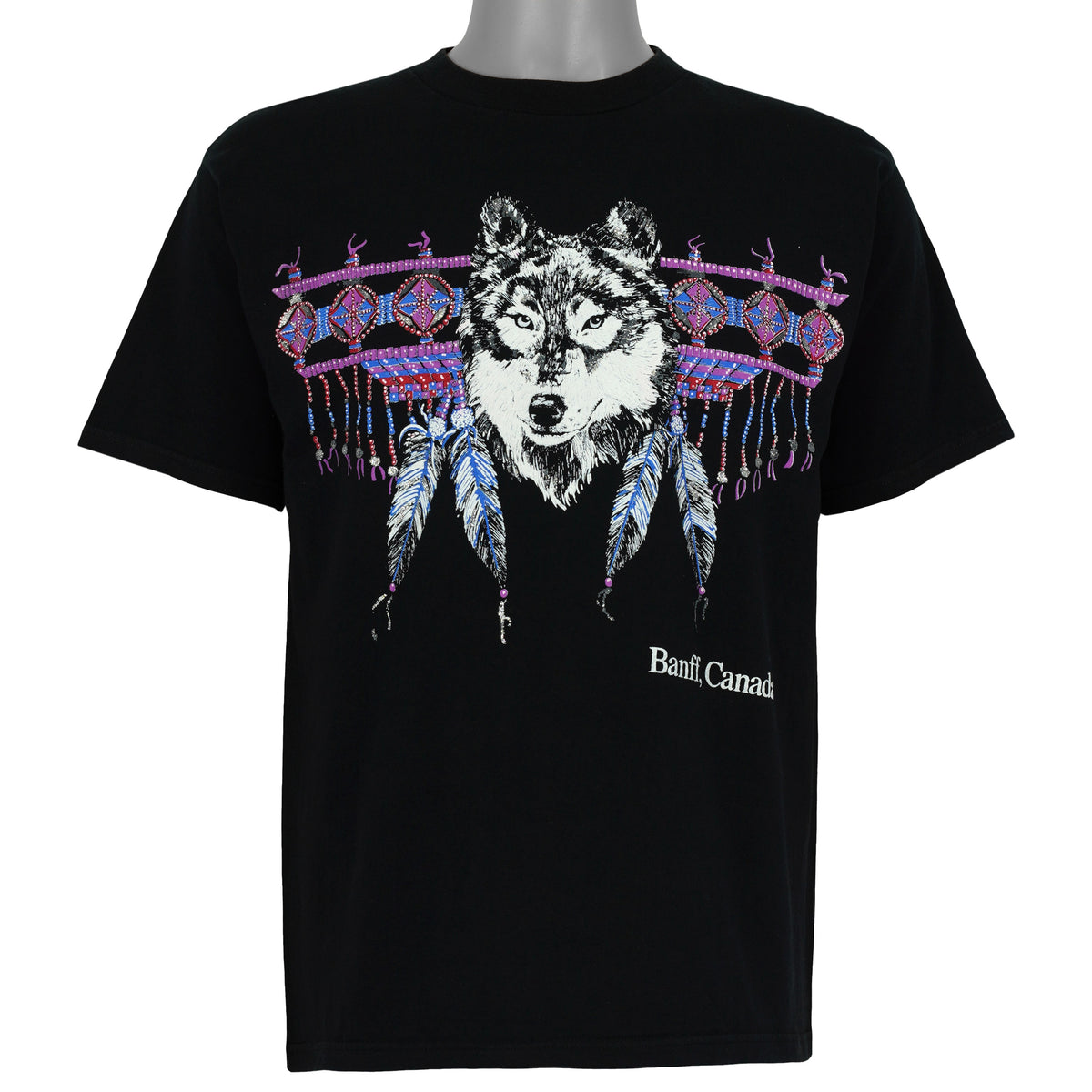 Diamond Dust black Banff Canada wolf graphic T-shirt front view