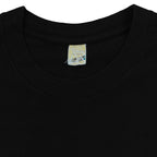 Black fox all-over print T-shirt worn neck tag detail