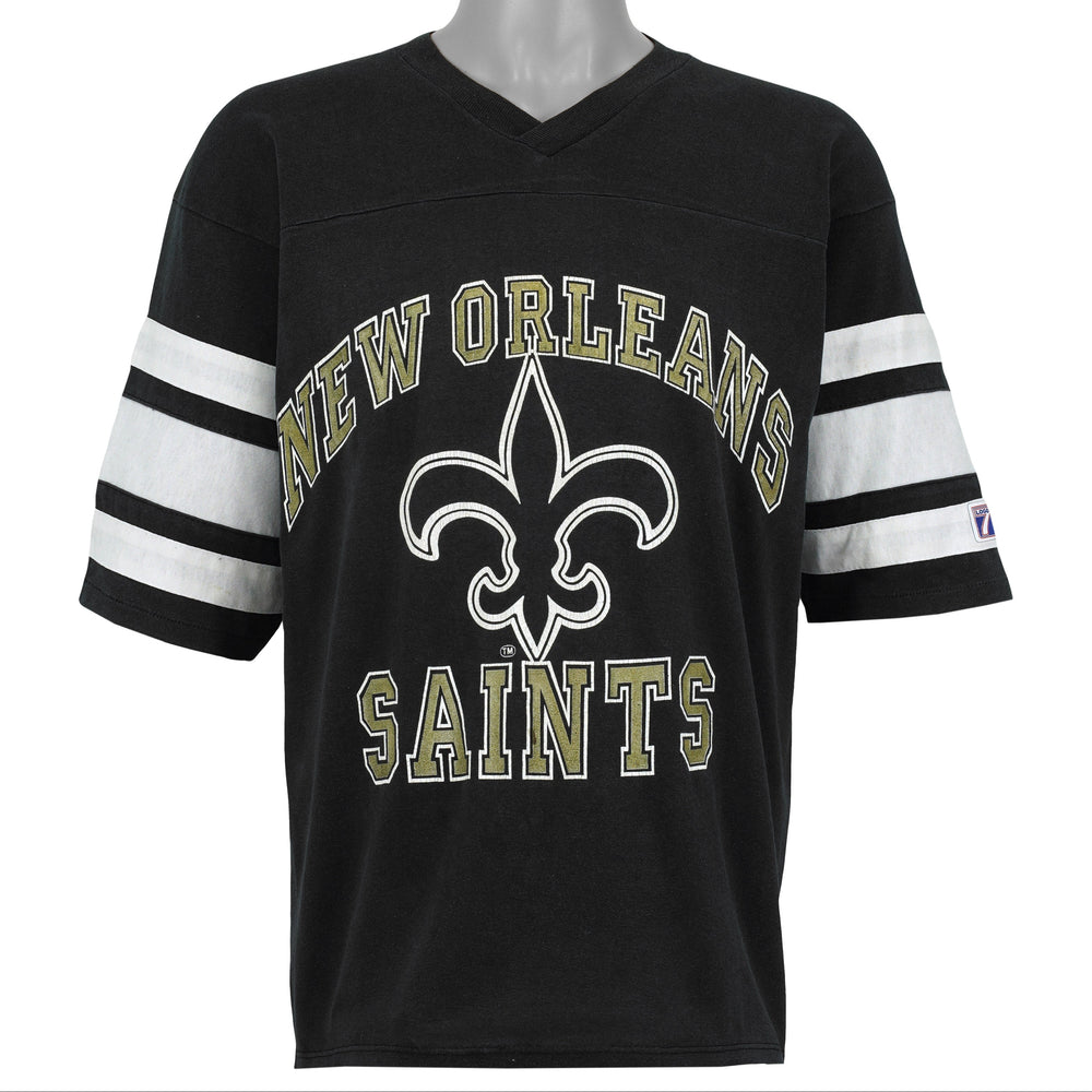 Front view of the black 1990s Logo 7 Saints V-neck T-shirt with white sleeve stripes and fleur-de-lis print.