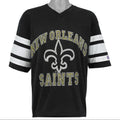 Front view of the black 1990s Logo 7 Saints V-neck T-shirt with white sleeve stripes and fleur-de-lis print.