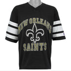 Front view of the black 1990s Logo 7 Saints V-neck T-shirt with white sleeve stripes and fleur-de-lis print.
