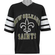 Front view of the black 1990s Logo 7 Saints V-neck T-shirt with white sleeve stripes and fleur-de-lis print.