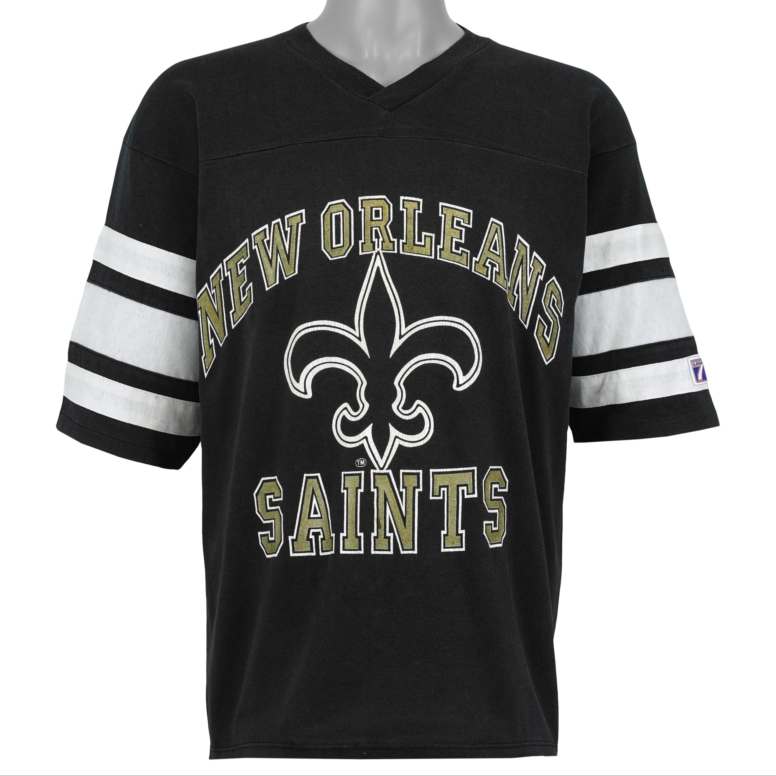 Front view of the black 1990s Logo 7 Saints V-neck T-shirt with white sleeve stripes and fleur-de-lis print.