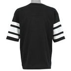 Plain black back of the 1990s Logo 7 Saints V-neck T-shirt with white double sleeve stripes.