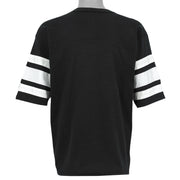 Plain black back of the 1990s Logo 7 Saints V-neck T-shirt with white double sleeve stripes.