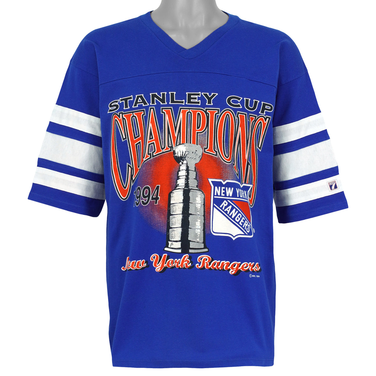 Front view of the blue and white 1994 New York Rangers t-shirt showing New York Rangers 1994 Stanley Cup champions graphic