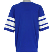 Plain blue back of the 1994 Logo 7 Rangers V-neck T-shirt with white double sleeve stripes.
