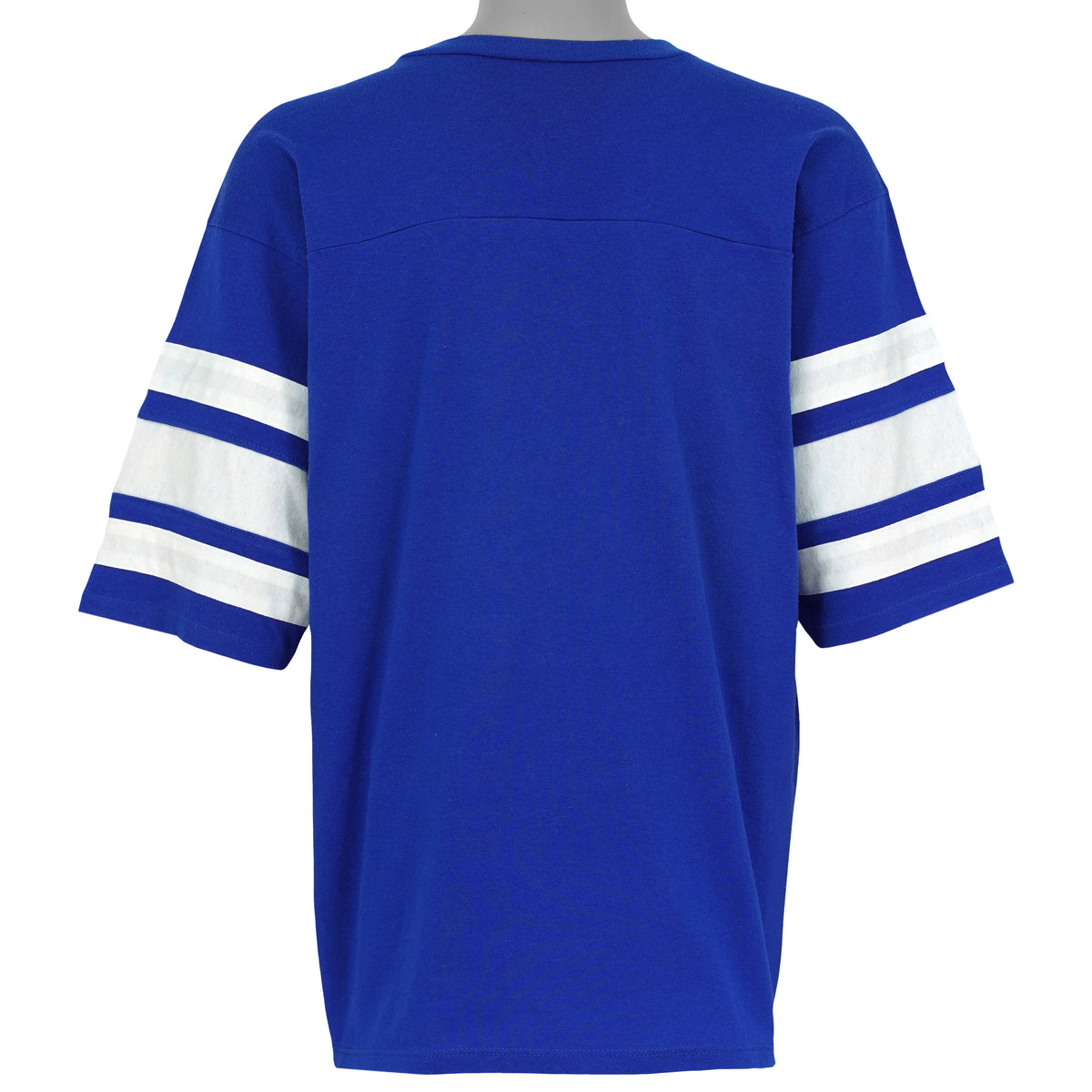 Plain blue back of the 1994 Logo 7 Rangers V-neck T-shirt with white double sleeve stripes.
