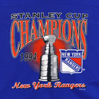 Close view of New York Rangers 1994 Stanley Cup champions graphic printed on the blue and white 1994 New York Rangers t-shirt