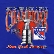 Close view of New York Rangers 1994 Stanley Cup champions graphic printed on the blue and white 1994 New York Rangers t-shirt