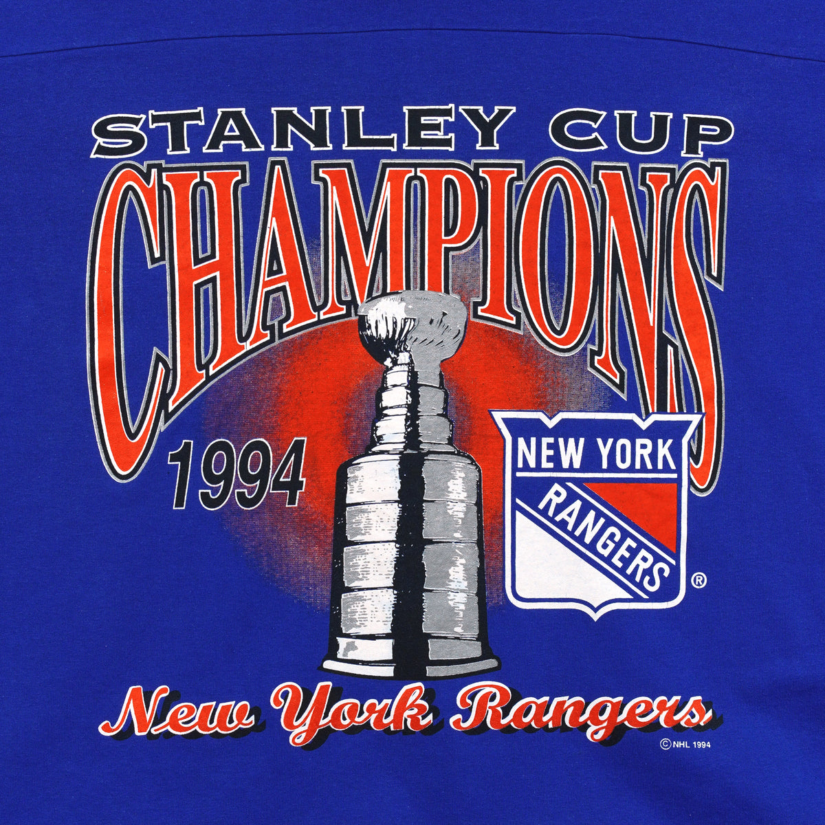 Close view of New York Rangers 1994 Stanley Cup champions graphic printed on the blue and white 1994 New York Rangers t-shirt
