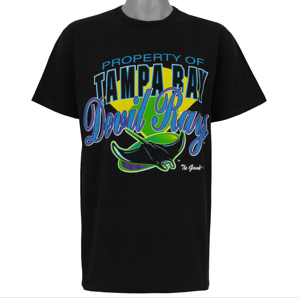 Front view of the black 1995 Tampa Bay Devil Rays t-shirt showing Tampa Bay Devil Rays Property Of graphic