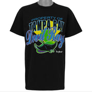 Front view of the black 1995 Tampa Bay Devil Rays t-shirt showing Tampa Bay Devil Rays Property Of graphic