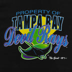 Close view of Tampa Bay Devil Rays Property Of graphic printed on the black 1995 Tampa Bay Devil Rays t-shirt
