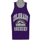 Front view of the purple 1995 Colorado Rockies tank top showing Colorado Rockies mountain logo and team wordmark