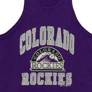 Close view of Colorado Rockies mountain logo and team wordmark printed on the purple 1995 Colorado Rockies tank top