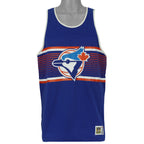 Front view of the blue mesh Blue Jays Cooperstown tank top with white trim and red-and-white striped panels.