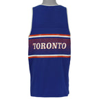 Back view of the 1990s Toronto Blue Jays tank top, showing the blue mesh back with red-and-white stripes and Toronto wordmark