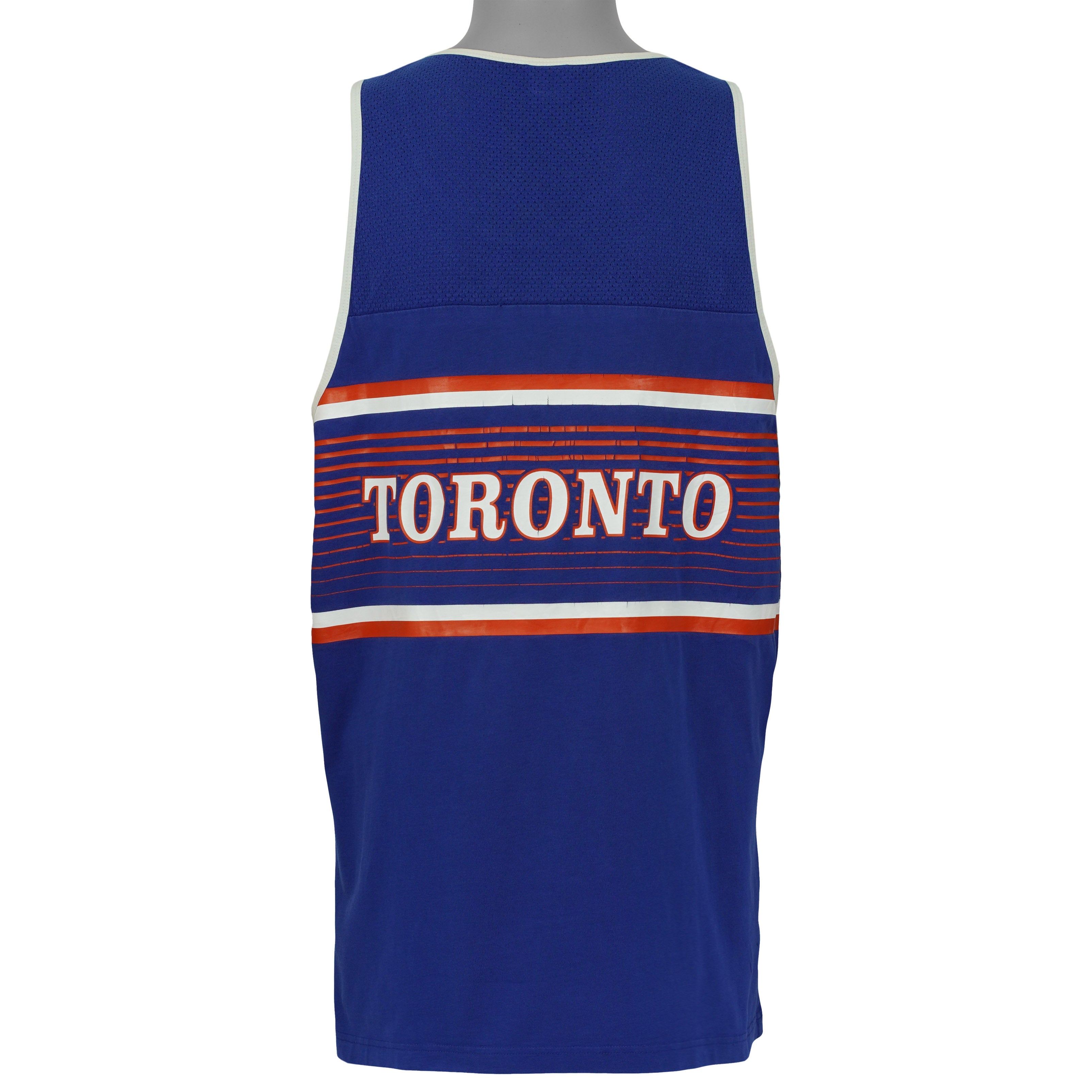 Back view of the 1990s Toronto Blue Jays tank top, showing the blue mesh back with red-and-white stripes and Toronto wordmark