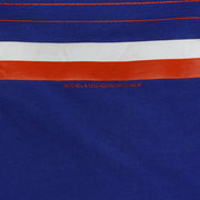 Close-up of the red-and-white striped panel and blue mesh fabric on the Blue Jays Cooperstown tank top.